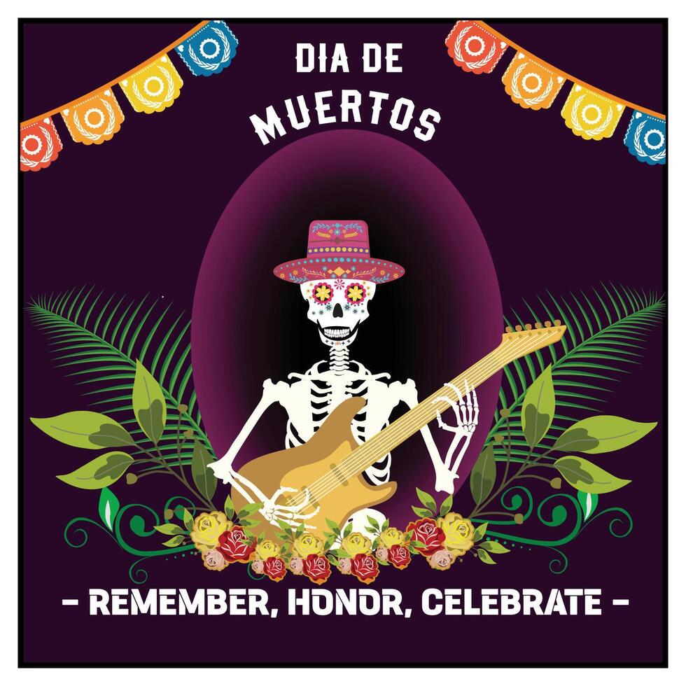 Day of the dead or dia de muertos. Cute skeleton playing guitar at night. vector