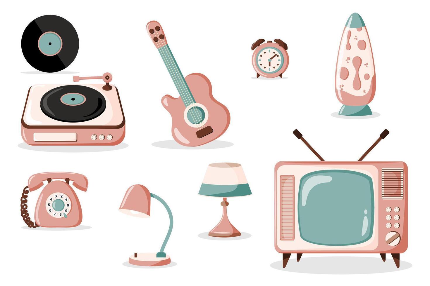 Retro 70s style living room items, isolated on white background vector