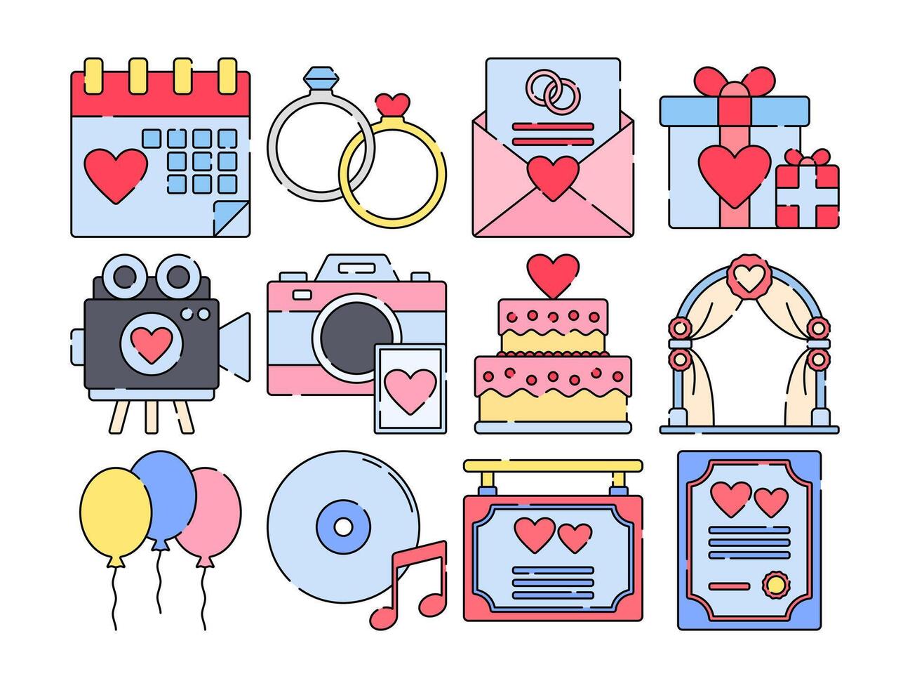 Wedding Ceremony Element Icons Flat design style romantic wedding-themed icons featuring rings cake gifts and decorations perfect for wedding invitations event branding and romantic projects. vector