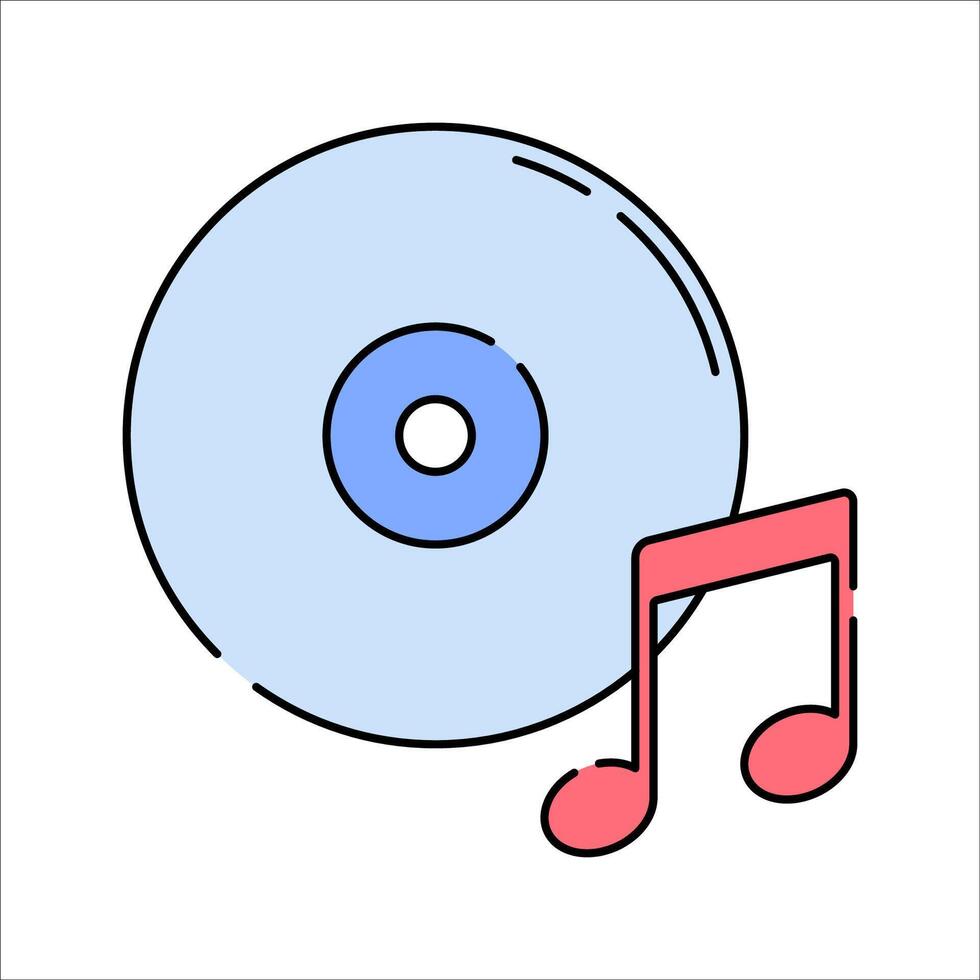 Music Flat design style, a blue CD with a red music note, symbolizing songs and playlists, perfect for music streaming, event entertainment, and album covers. vector