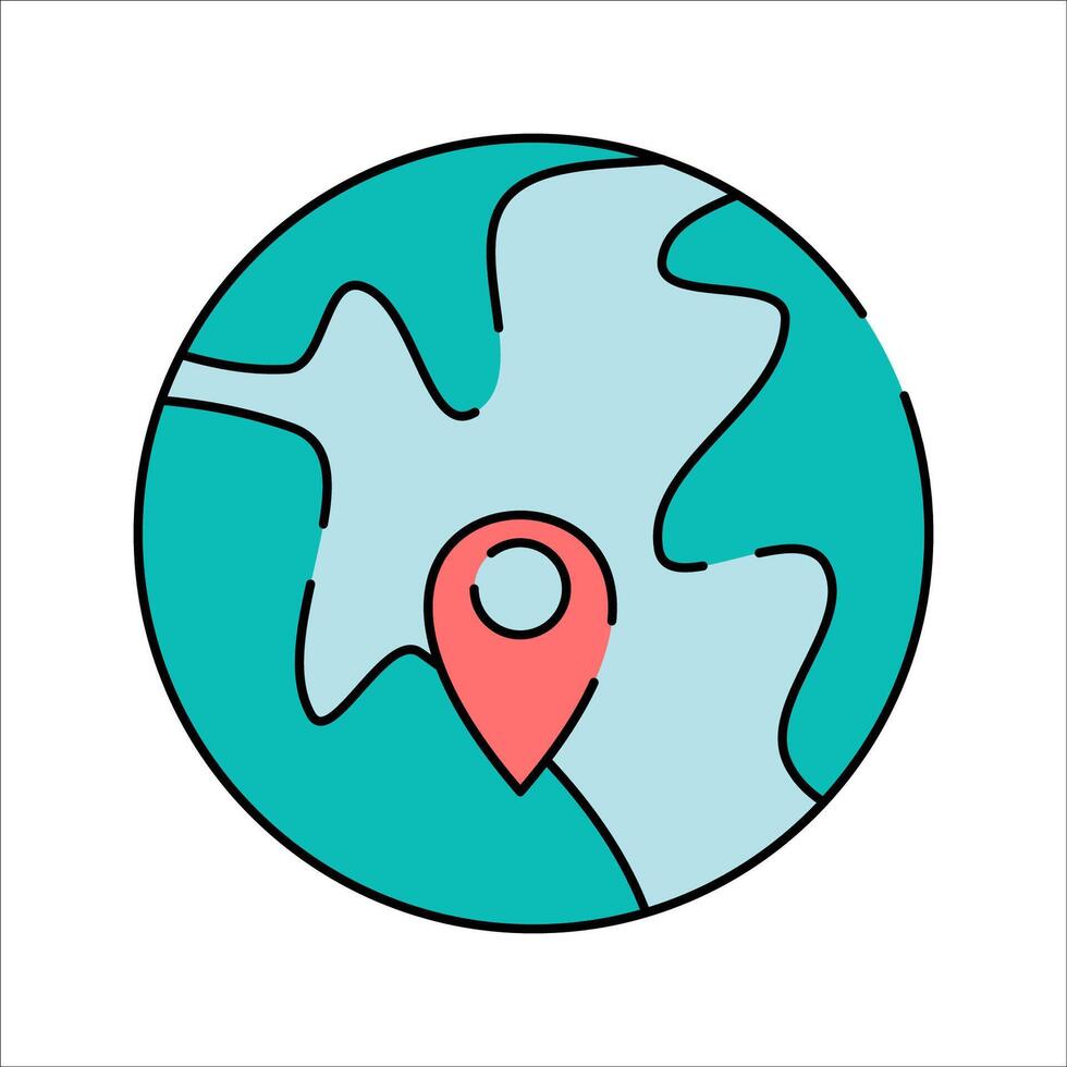 Globe Location Flat design style, blue globe with a red location pin, symbolizing global travel, ideal for maps, navigation apps, and tourism promotions. vector