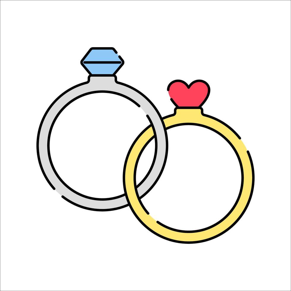 Wedding Rings Flat design style, two interlocked gold and silver rings, symbolizing marriage and commitment, suitable for wedding invitations, love-themed graphics, and event branding. vector