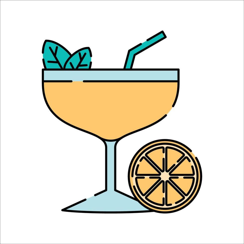 Cocktail Flat design style, tropical drink with a straw and orange slice, symbolizing vacation relaxation, suitable for beach resorts, summer promotions, and travel ads. vector