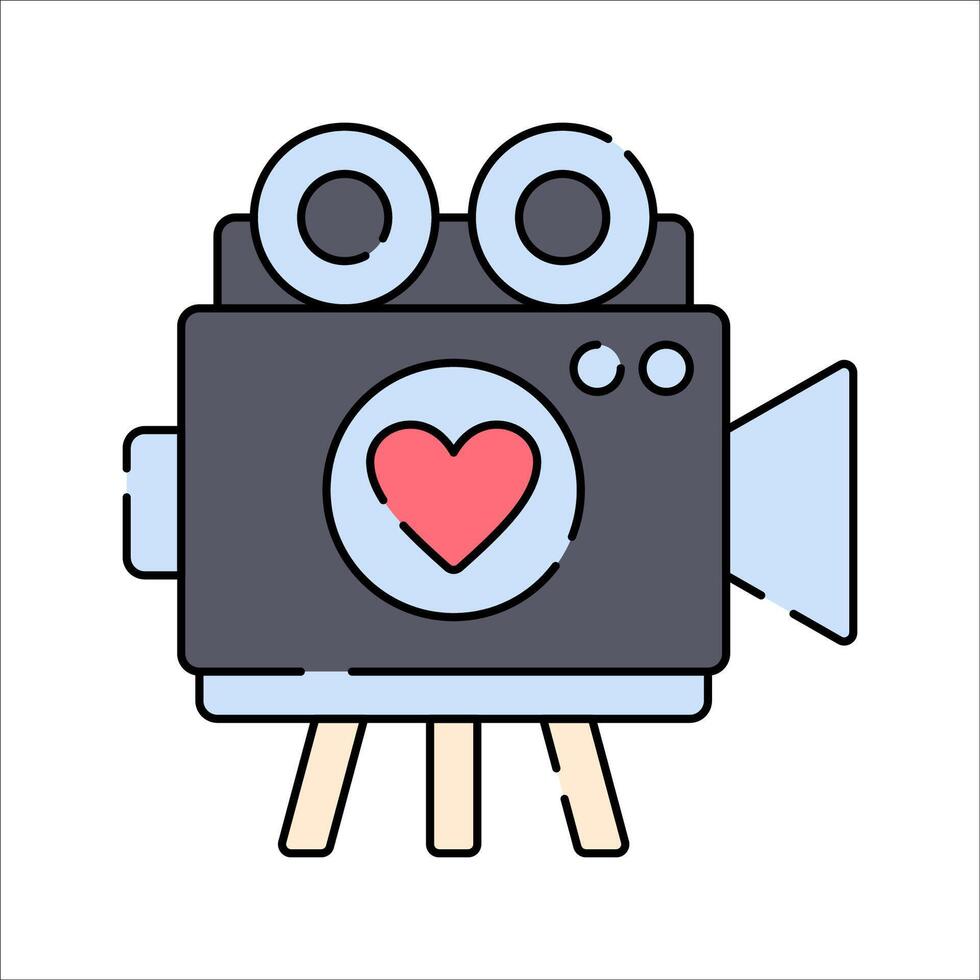 Wedding Camera Flat design style, a retro camera with a heart symbol, representing wedding videography, suitable for media, wedding documentaries, and digital content. vector