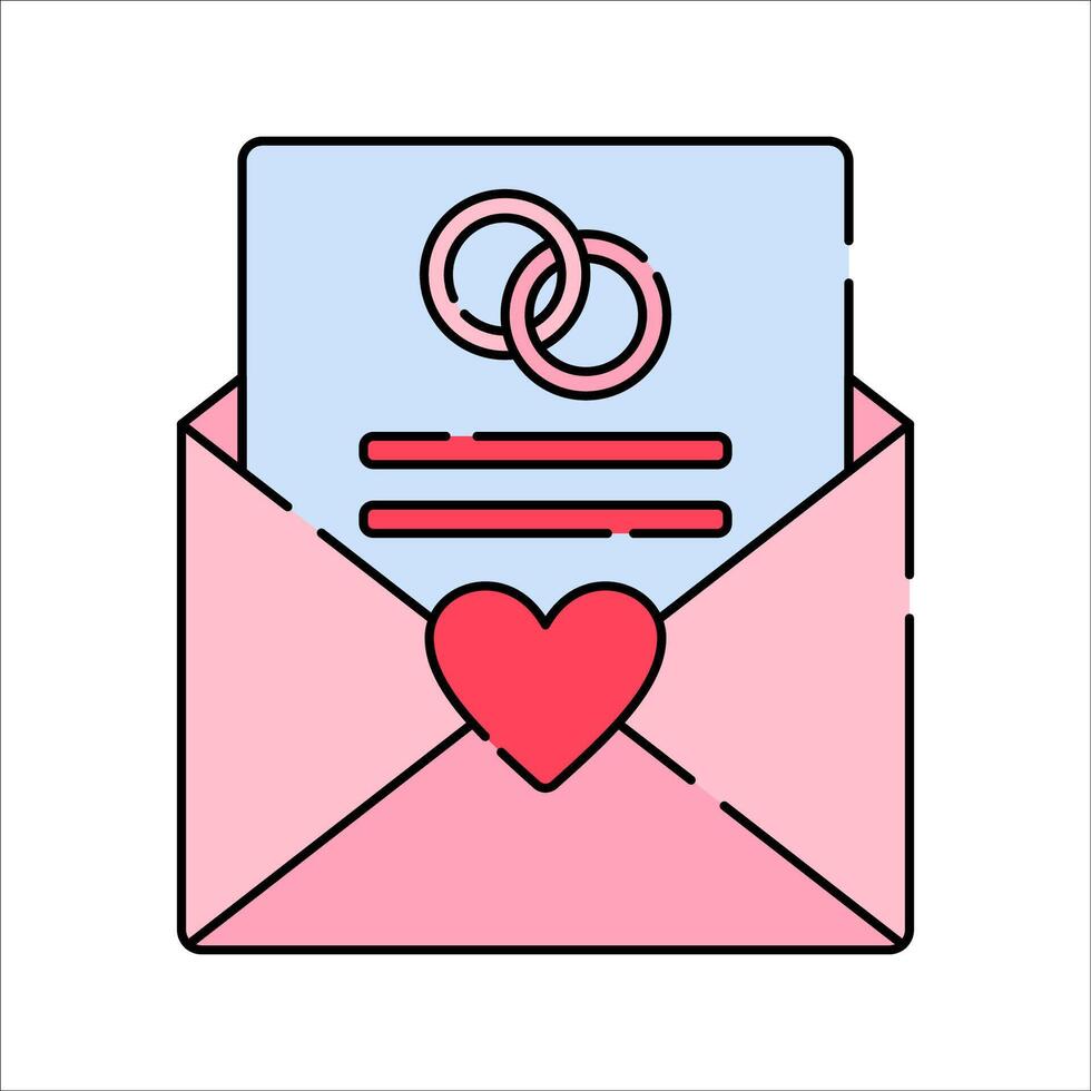 Wedding Invitation Flat design style, a pink envelope with a heart seal containing an invitation card, perfect for wedding announcements, RSVP designs, and romantic themes. vector