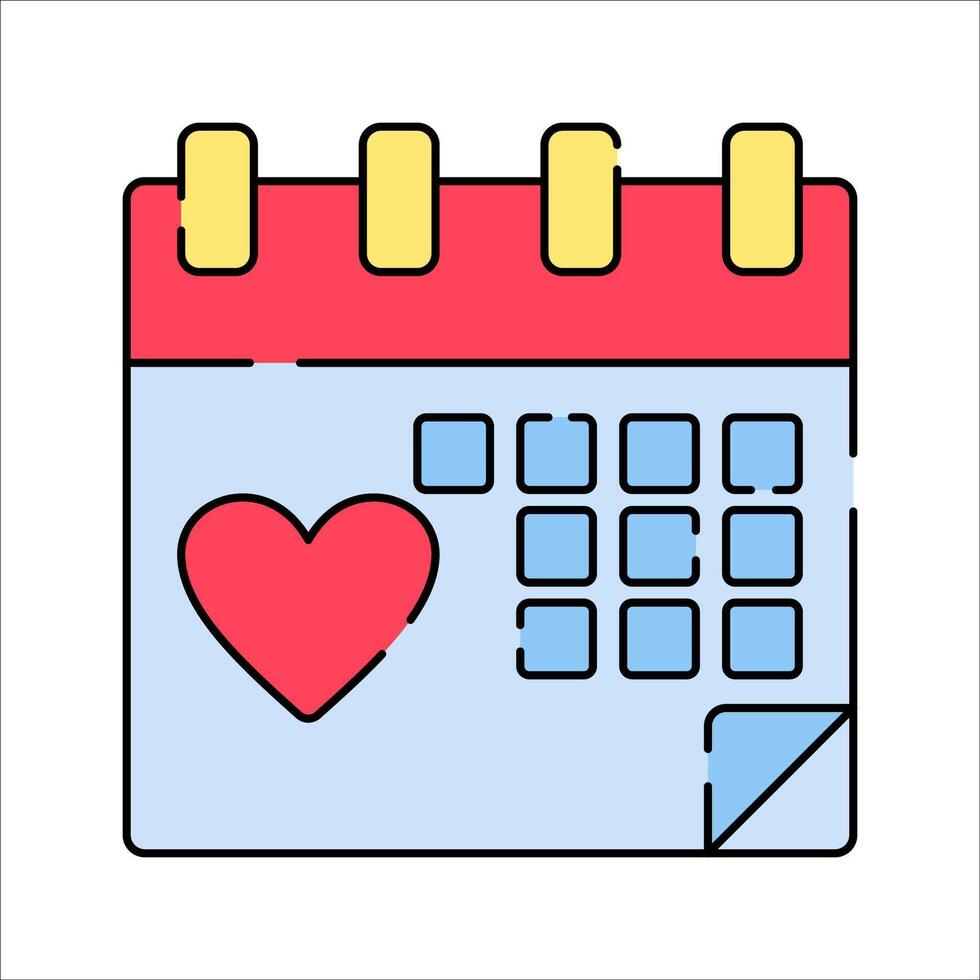 Wedding Calendar Flat design style, a blue and red calendar with a heart icon, representing wedding planning, ideal for invitations, reminders, and event schedules. vector