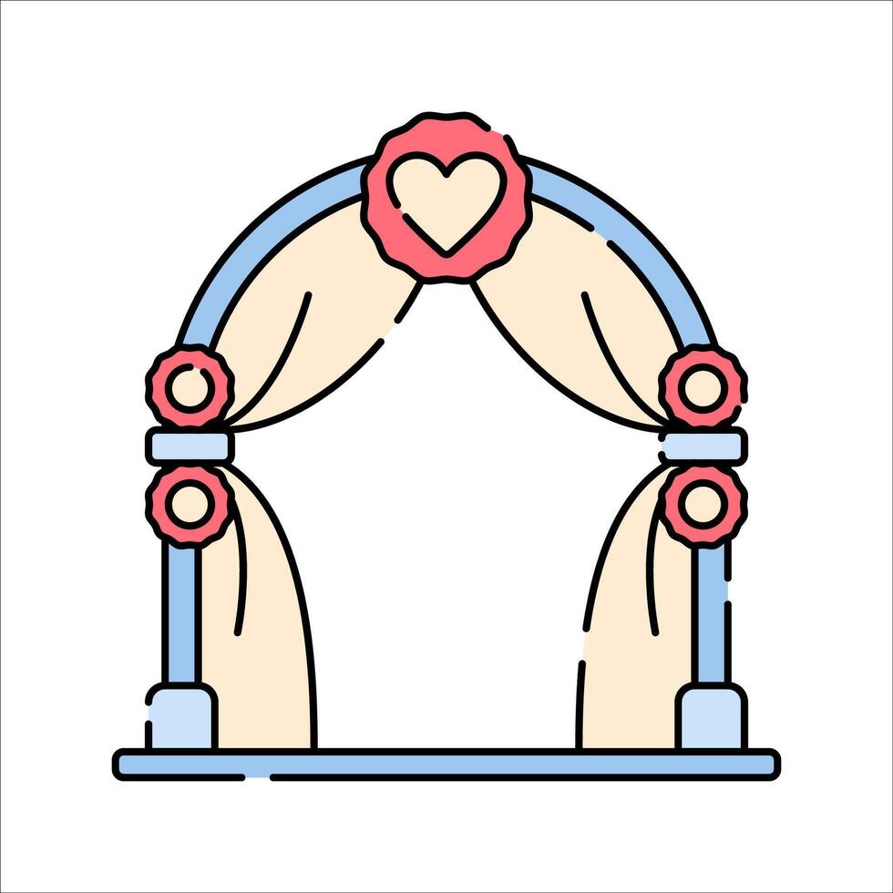 Wedding Arch Flat design style, a decorative wedding arch with flowers and drapes, symbolizing the ceremony venue, ideal for event planners, venue decor, and invitations. vector