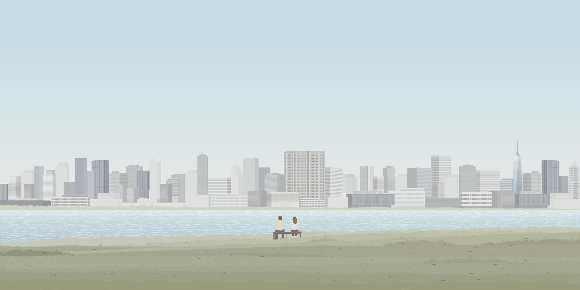 Minimalist cityscape with a couple of lover sitting on a bench at lakeside have skyscrapers and blue sky background graphic illustration. vector
