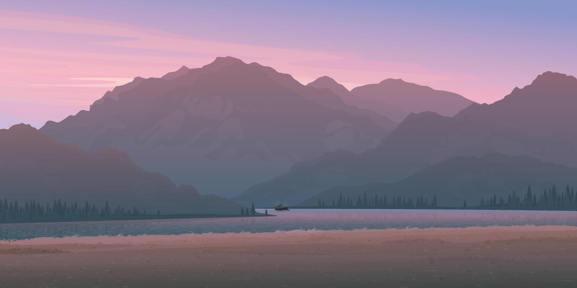 The lakeside landscape with mountain ranges have twilight sky background graphic illustration. vector