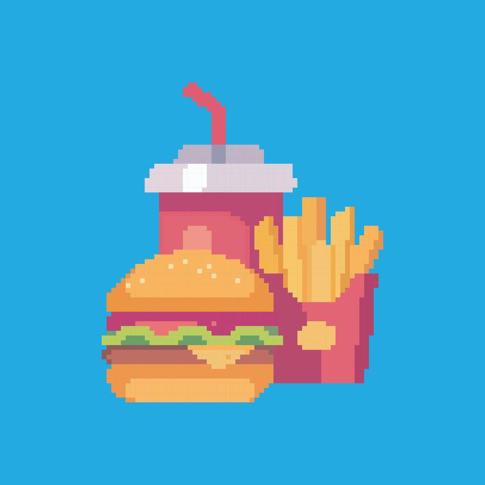 burger and fries drink package pixel art vector