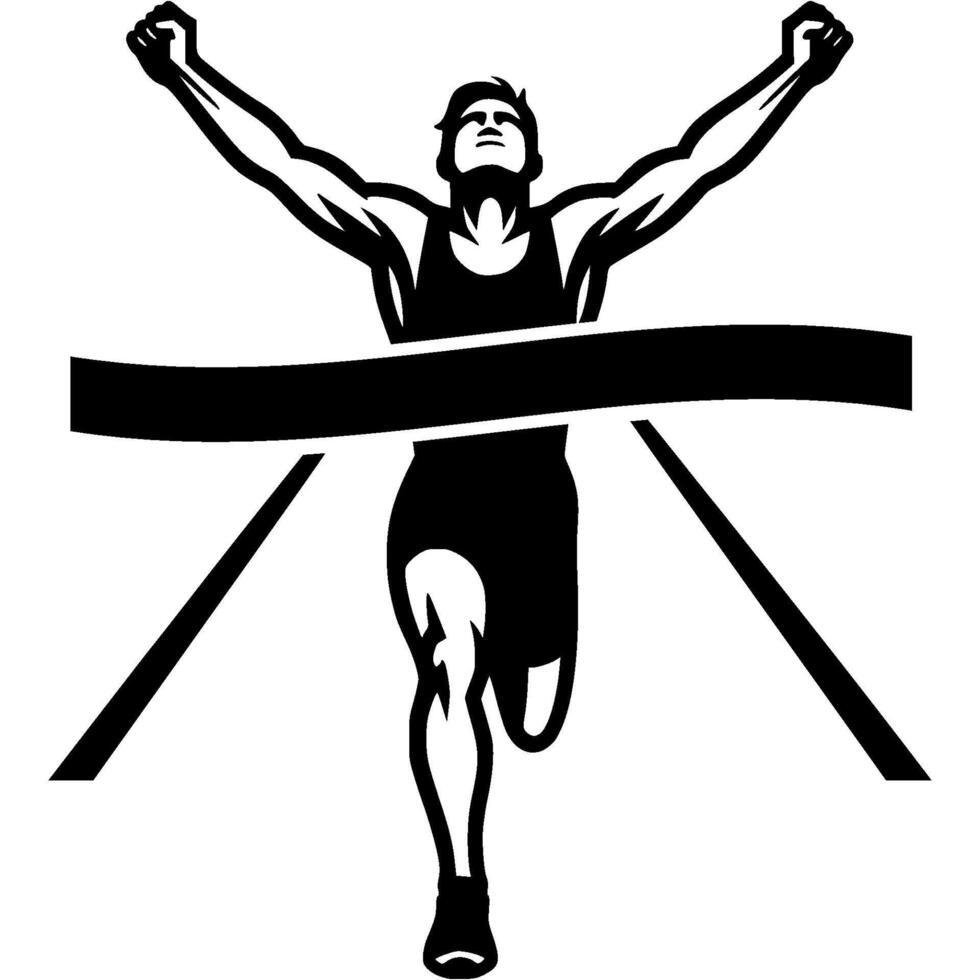 Sport emblem of male marathon runner finishes race by crossing finish line with his chest in monochrome. Engraving minimalistic image in black ink drawing on white background vector