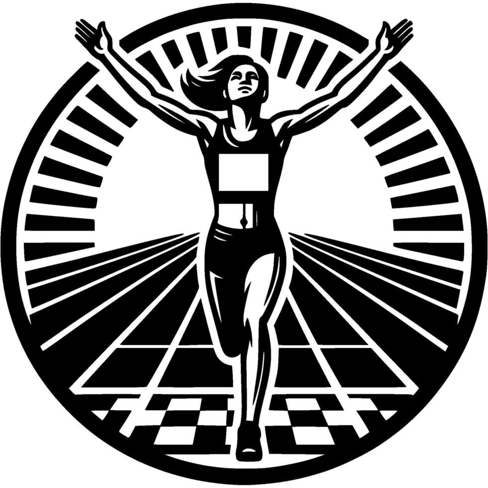 Sport emblem of female stadium track and athlete girl finishes marathon with hands raised joyfully in monochrome. Engraving minimalistic image in black ink drawing on white background vector
