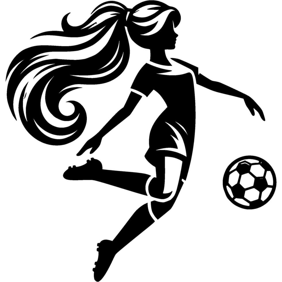 Sport emblem of graceful soccer girl gets ready to kick ball in flight in monochrome. Engraving minimalistic image in black ink drawing on white background vector