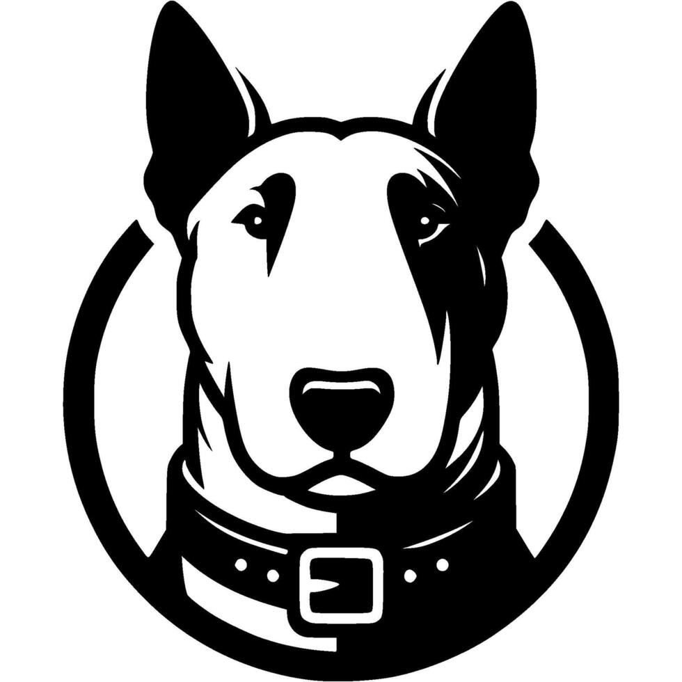 Tattoo of serious Bull terrier head in monochrome. Bull terrier dog portrait in collar. Engraving minimalistic image in black ink drawing on white background vector