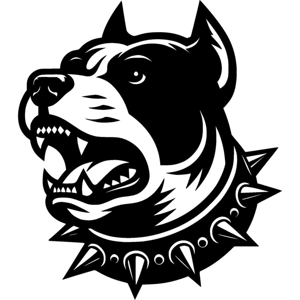 Tattoo of angry Staffordshire Terrier dog head in monochrome. Staffordshire dog in spiked collar. Engraving minimalistic image in black ink drawing on white background vector