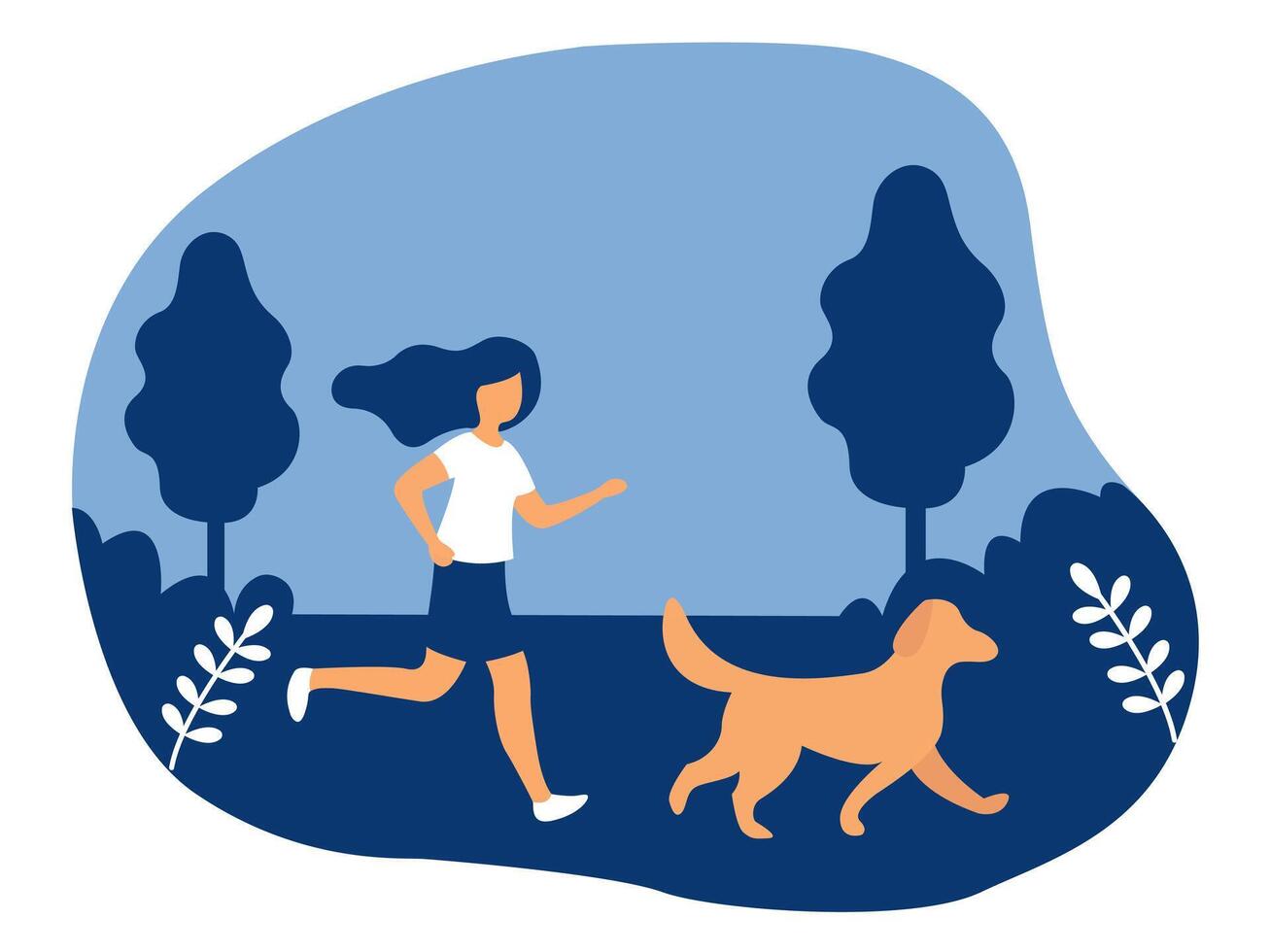 Woman jogging with dog in the park. vector