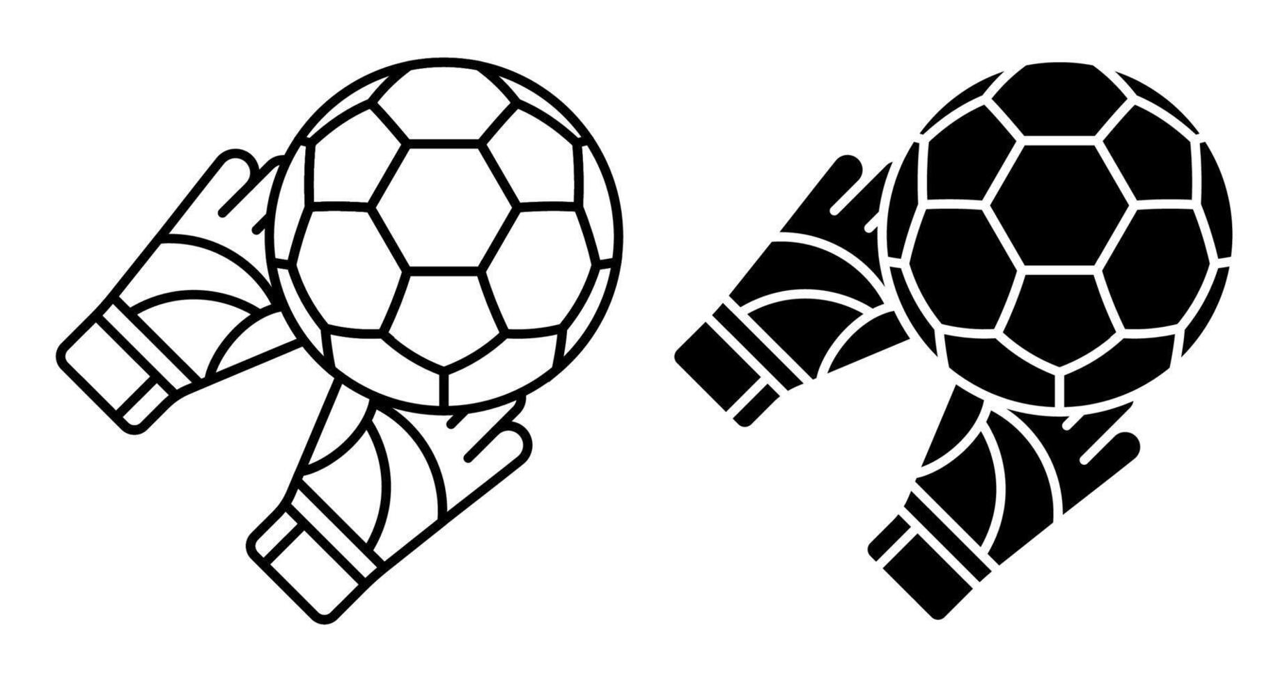 Linear icon. Goalkeeper gloved hands catch flying soccer ball. Football goalie gear to protect football goals. Simple black and white image isolated on white background vector