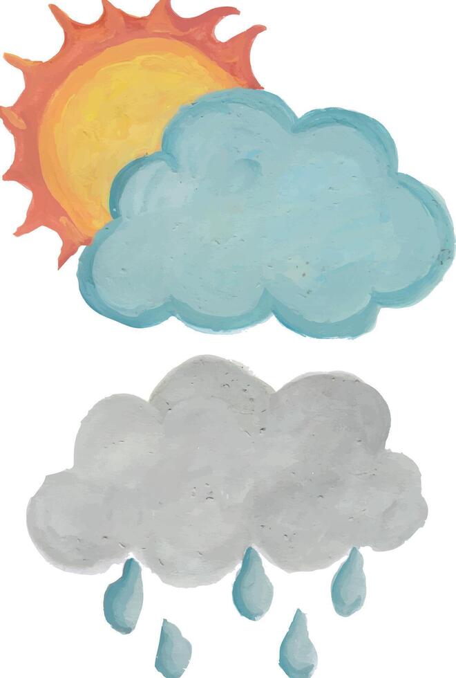 a drawing of a cloud and sun with rain drops vector