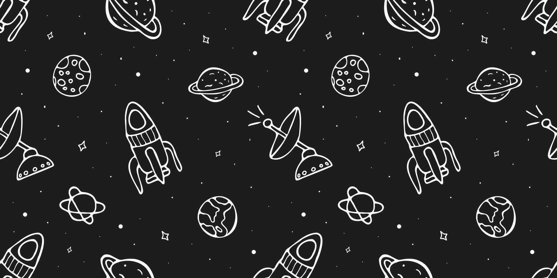 Seamless Pattern with Planet, Rocket, Stars, Comets, Satellite. Space Background in Doodle Hand Drawn Style for Wallpaper, Textile, Fabric, Boy. Print Night sky Hand Drawn Doodle Astronomy Background. vector