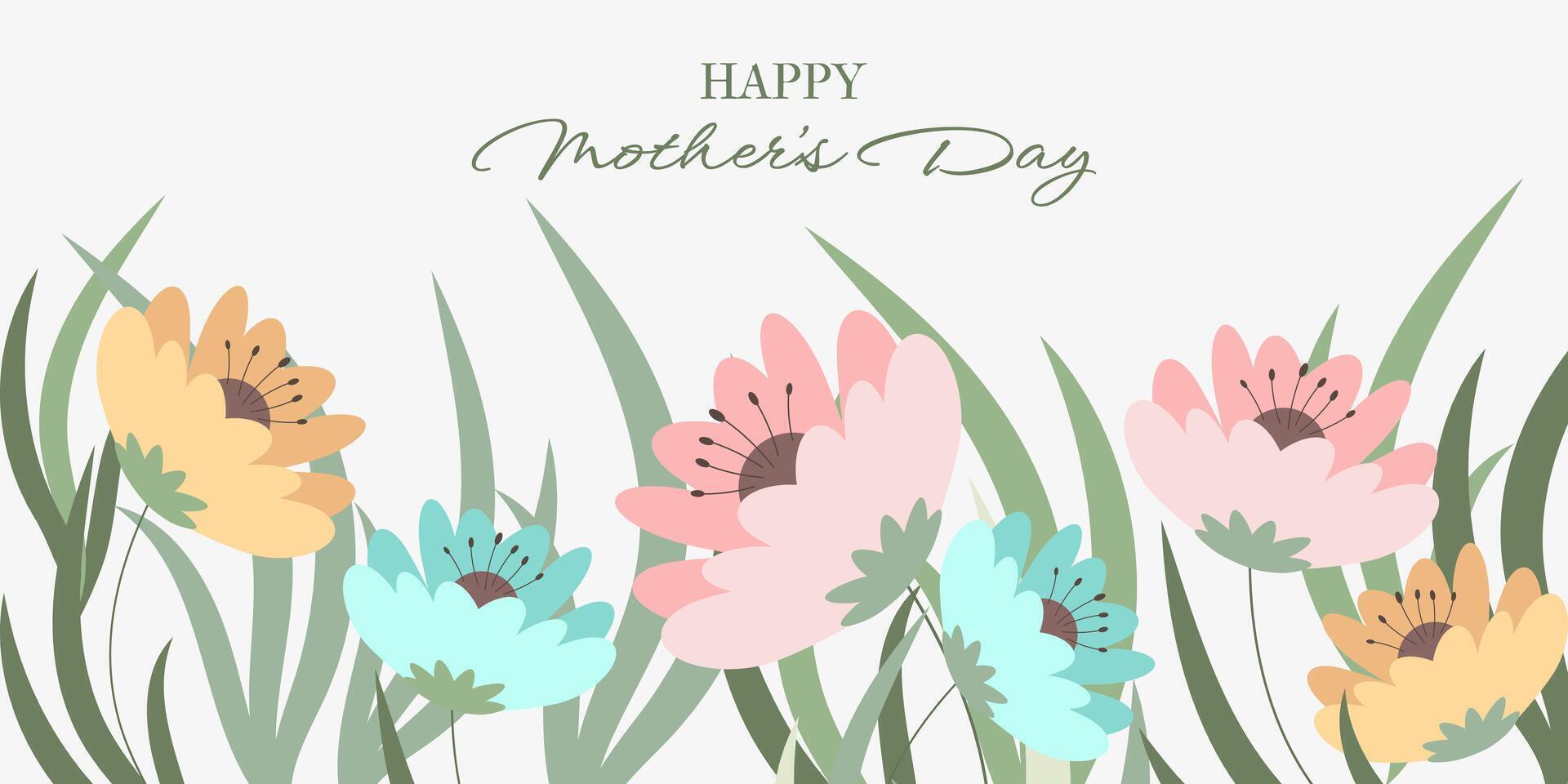 Happy Mother's Day. Cute Spring or Summer Banner with Abstract Flat Flowers. Floral Background Design with Blooming Flowers for Mother's Day. Concept Template for Holidays, Websites, Sales. vector