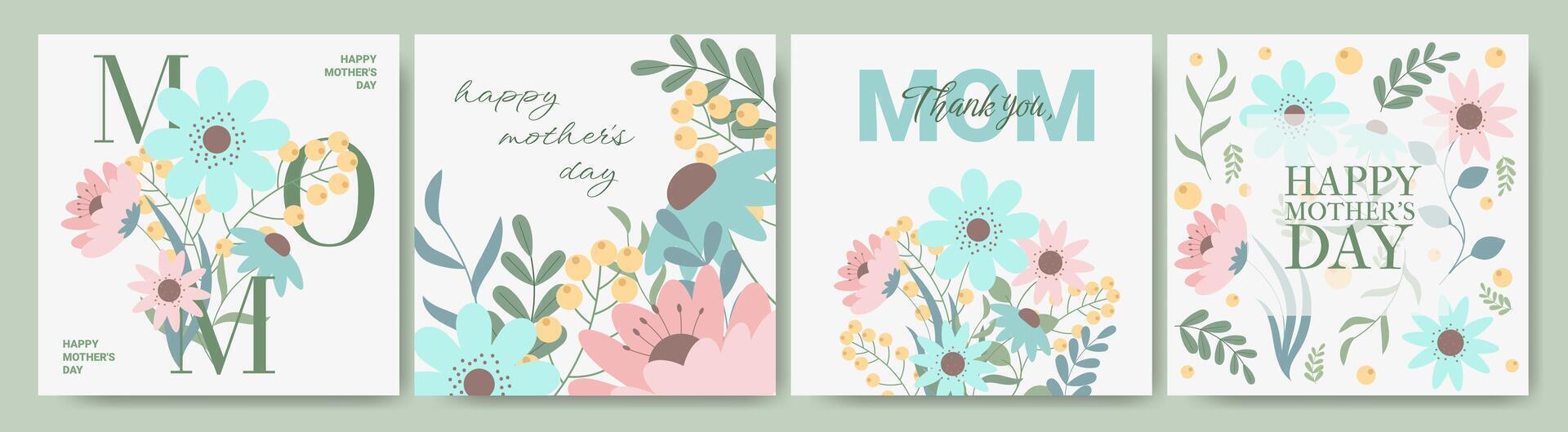 Trendy Mother's Day Card, Poster, Banner, Flyer, Label or Cover with Abstract Flowers. Modern Spring or Summer Holiday Floral Background in Flat Style. Abstract Floral Bright Pattern art Style Design. vector