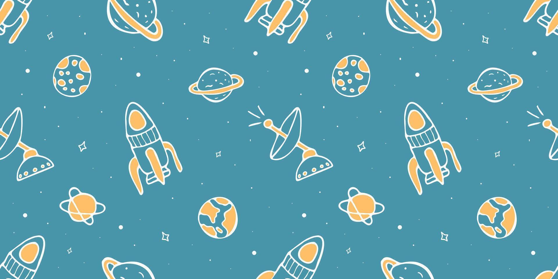 Cute Seamless Pattern with Planet, Rocket, Stars, Comets, Satellite for Boy. Space Background in Doodle Hand Drawn Style for Wallpaper, Textile, Fabric, Boy. Print Night Sky Astronomy Background. vector
