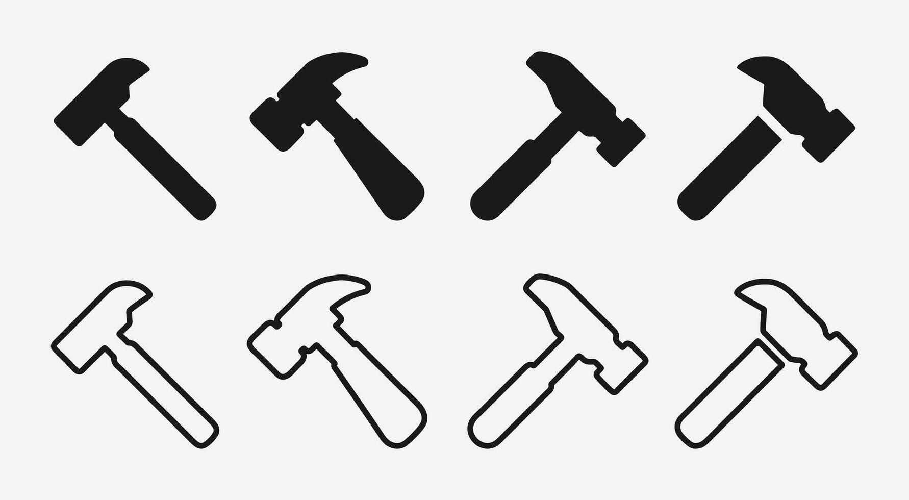 Hammer Icons Set Solid Black and Outline Design. Hammer Icon Collection. Construction Tool Icons. vector