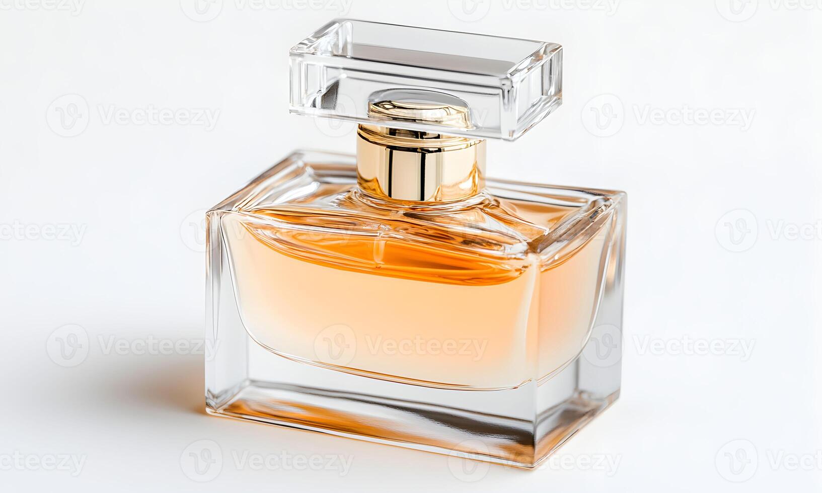 Elegant glass perfume bottle with golden cap and warm fragrance in soft natural light enhancing its luxurious appeal photo