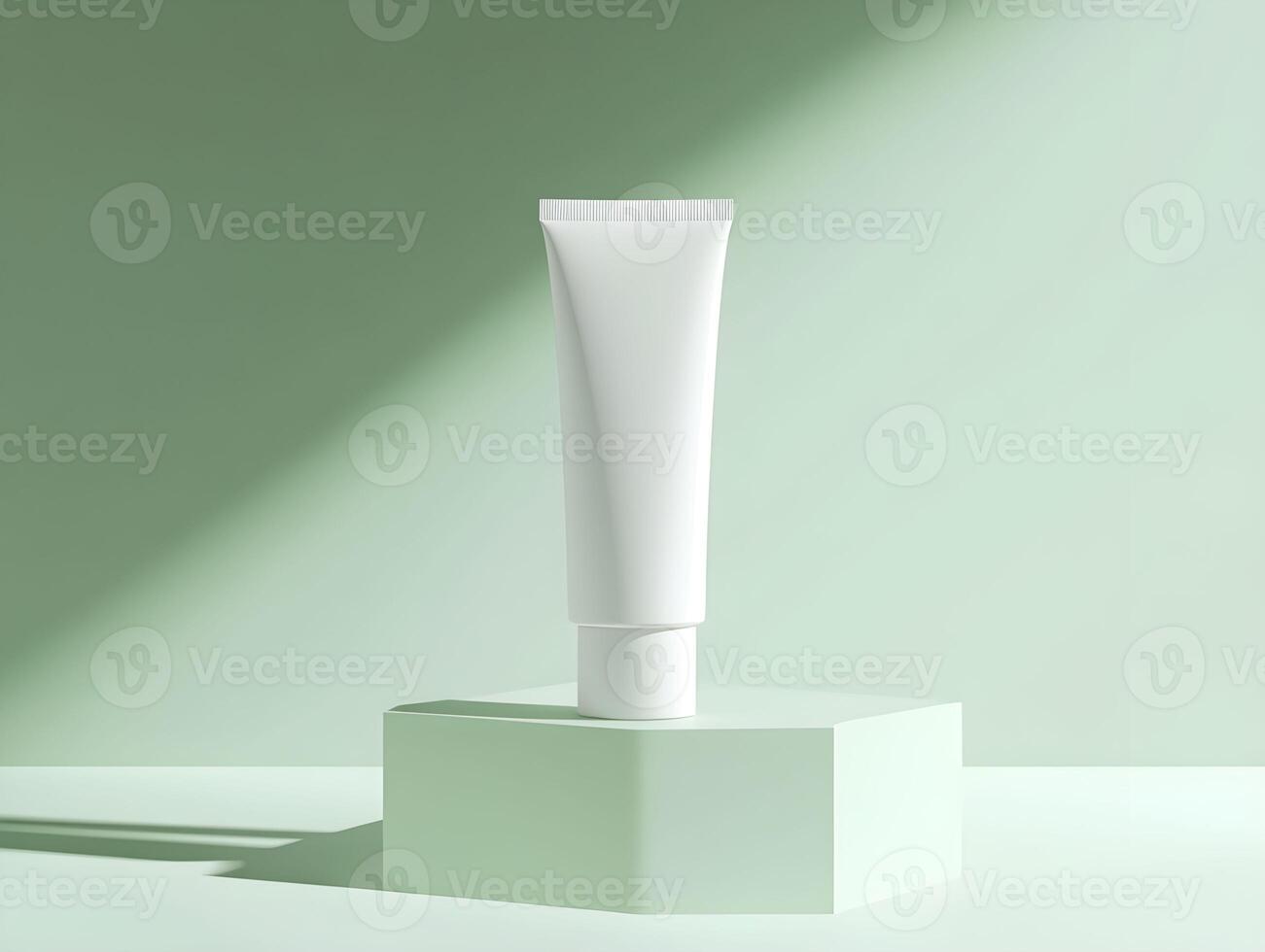 Minimalist white cream tube for mockup displayed on a pastel green platform under soft lighting photo