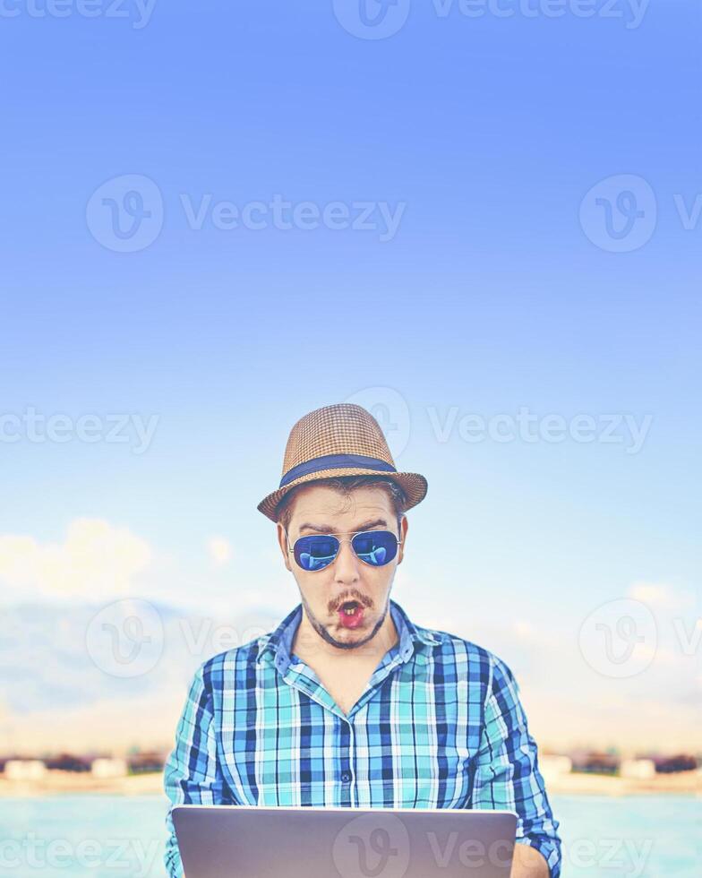 Businessman Working Summer Beach Relaxation Concept Surprised photo