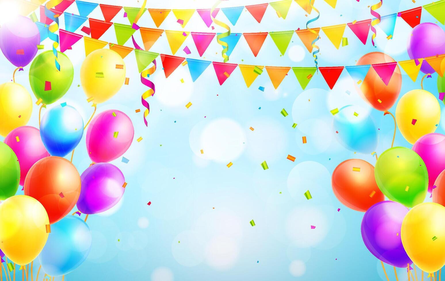 Colorful balloons, confetti, streamers and party flags on blue background with bokeh vector