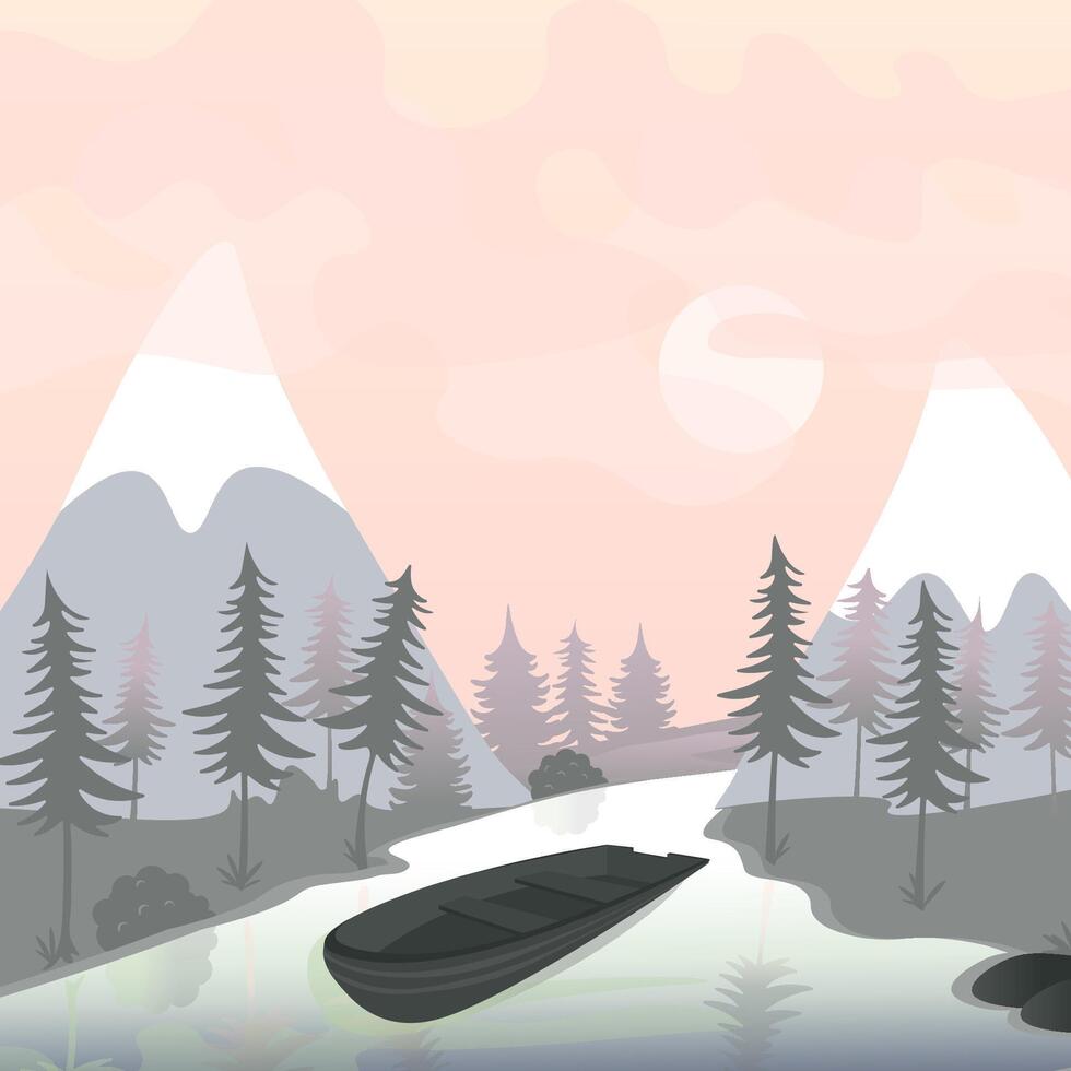 A boat is sailing on a mountain river. vector