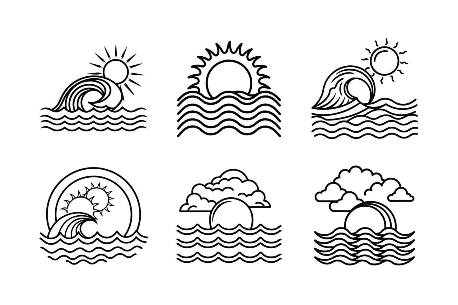 Ocean Wave Sunsets Six Linear Art Designs of Seascapes vector