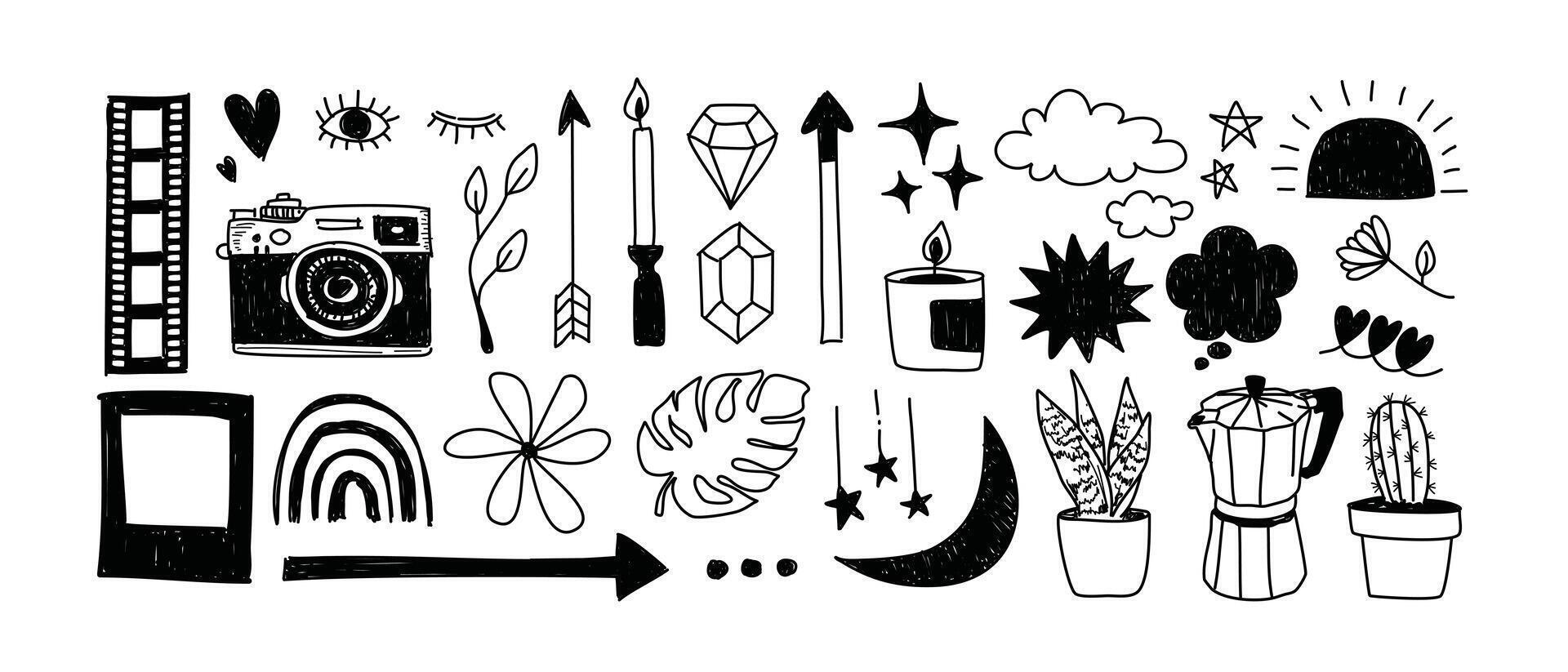 A black and white drawing of various objects vector