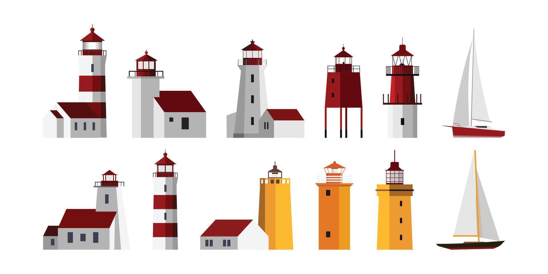 Lighthouse and sailboat set , Tower lighthouse, geometric minimal flat illustration vector