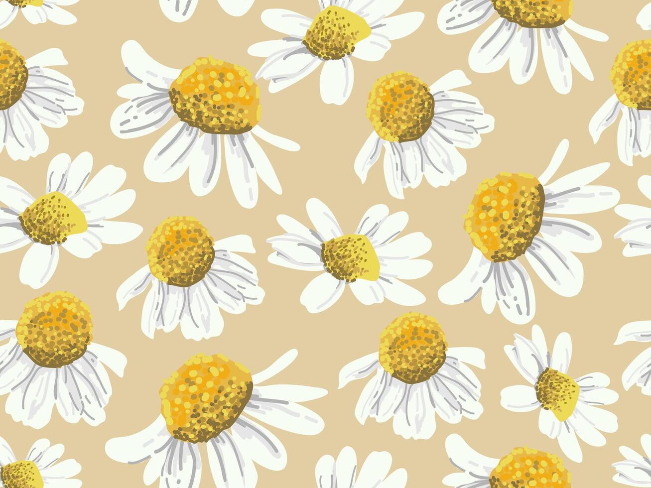 Seamless pattern of white daisies with yellow centers on a beige background vector