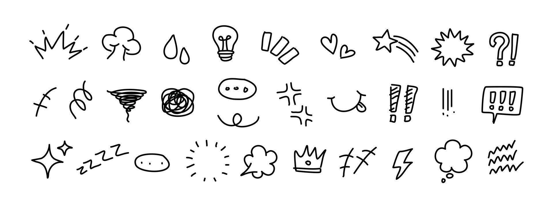 A set of doodles with various shapes, Hand drawn cartoon effect emotion bang, boom, pow, wow. vector