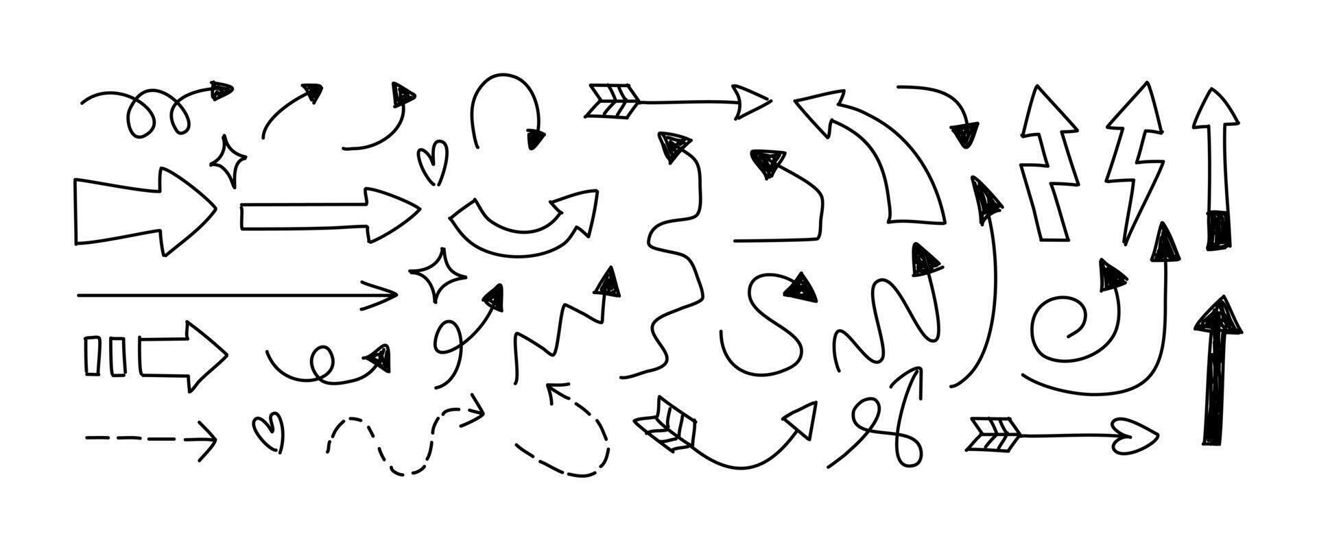 A set of different arrows drawn in black and white vector