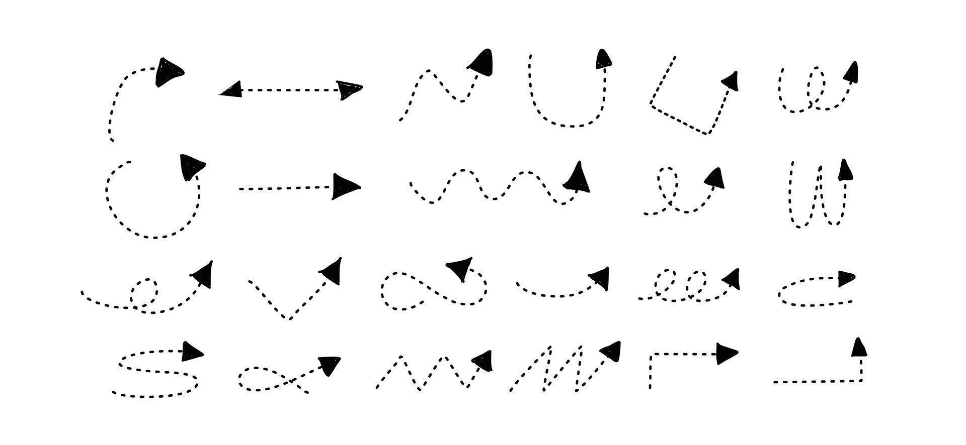 Arrows in Hand-drawn style set. Arrow Dotted line, Cursor simple arrows. vector