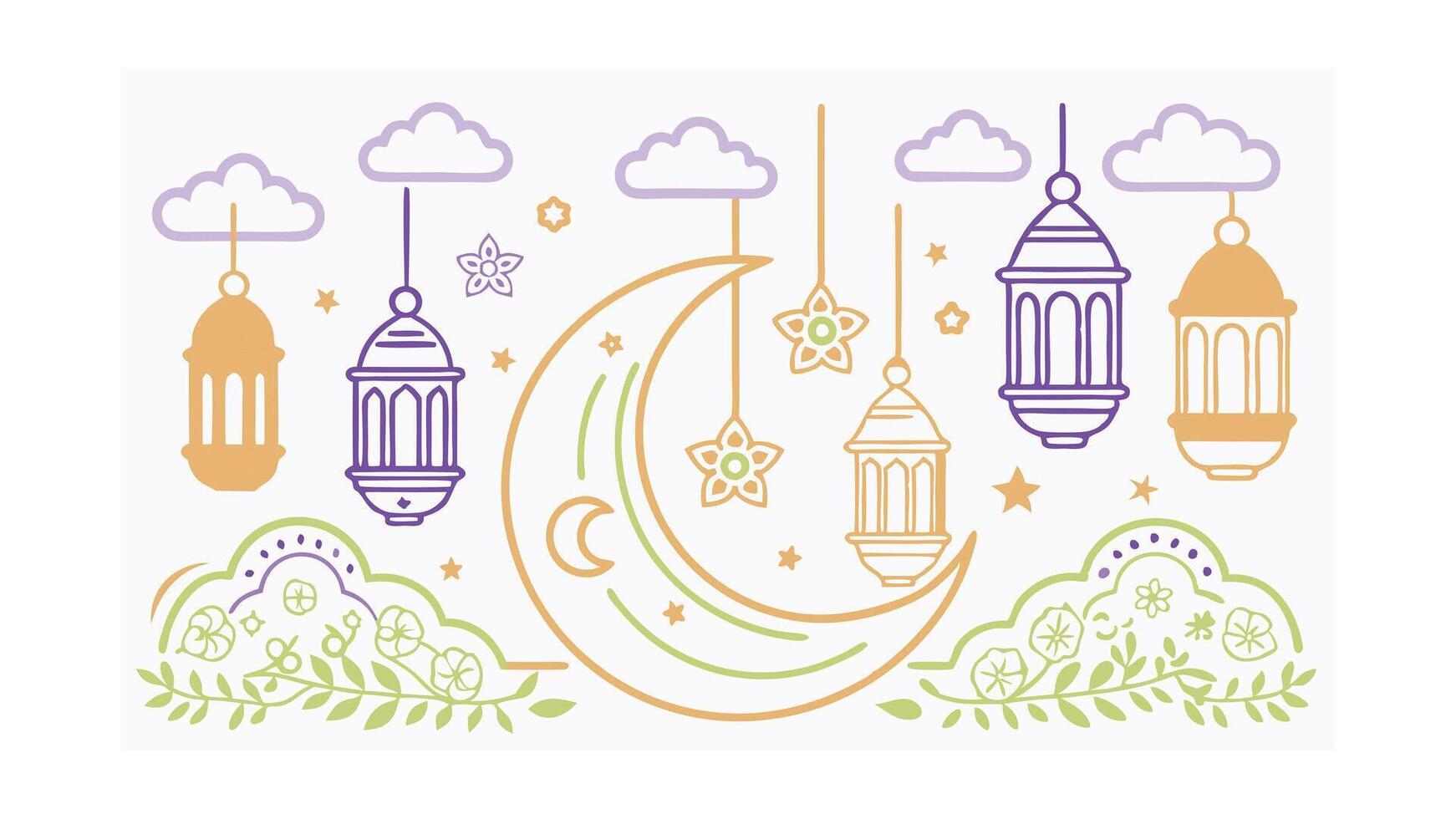 Ramadan Kareem Crescent Moon, Stars, Hanging Lanterns, Festive Clouds vector