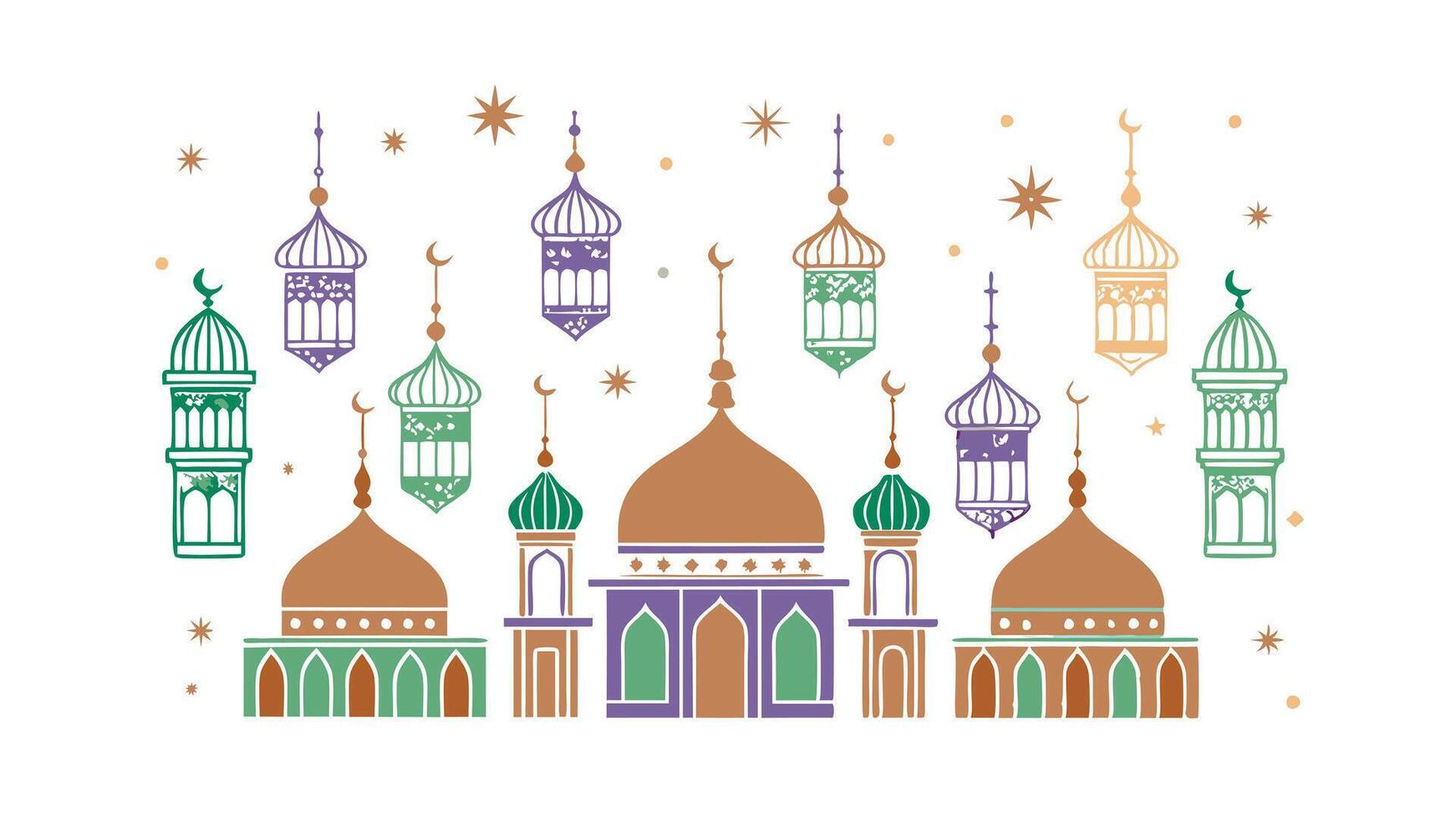 Islamic Mosque Architecture, Ramadan Lanterns, Festive Stars, Crescent Moons vector