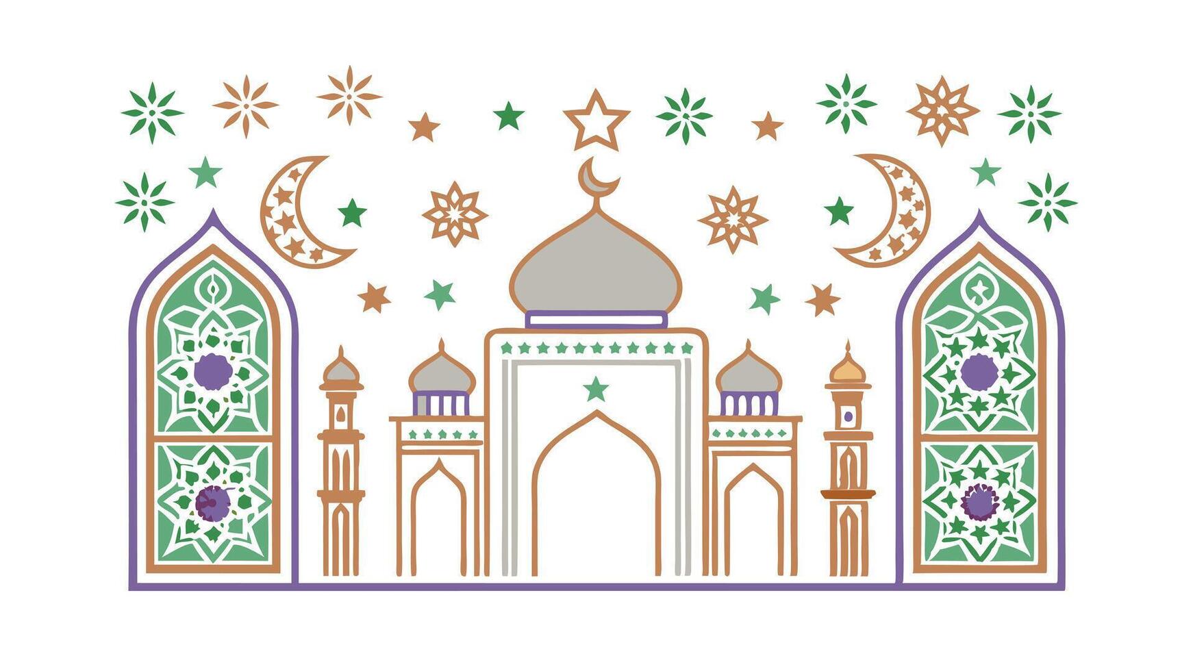Islamic Mosque Design Crescent Moon, Stars, and Festive Lights vector