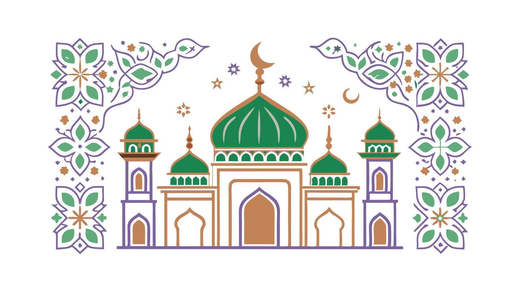Islamic Mosque Design Green Dome, Minarets, Floral Ornament vector