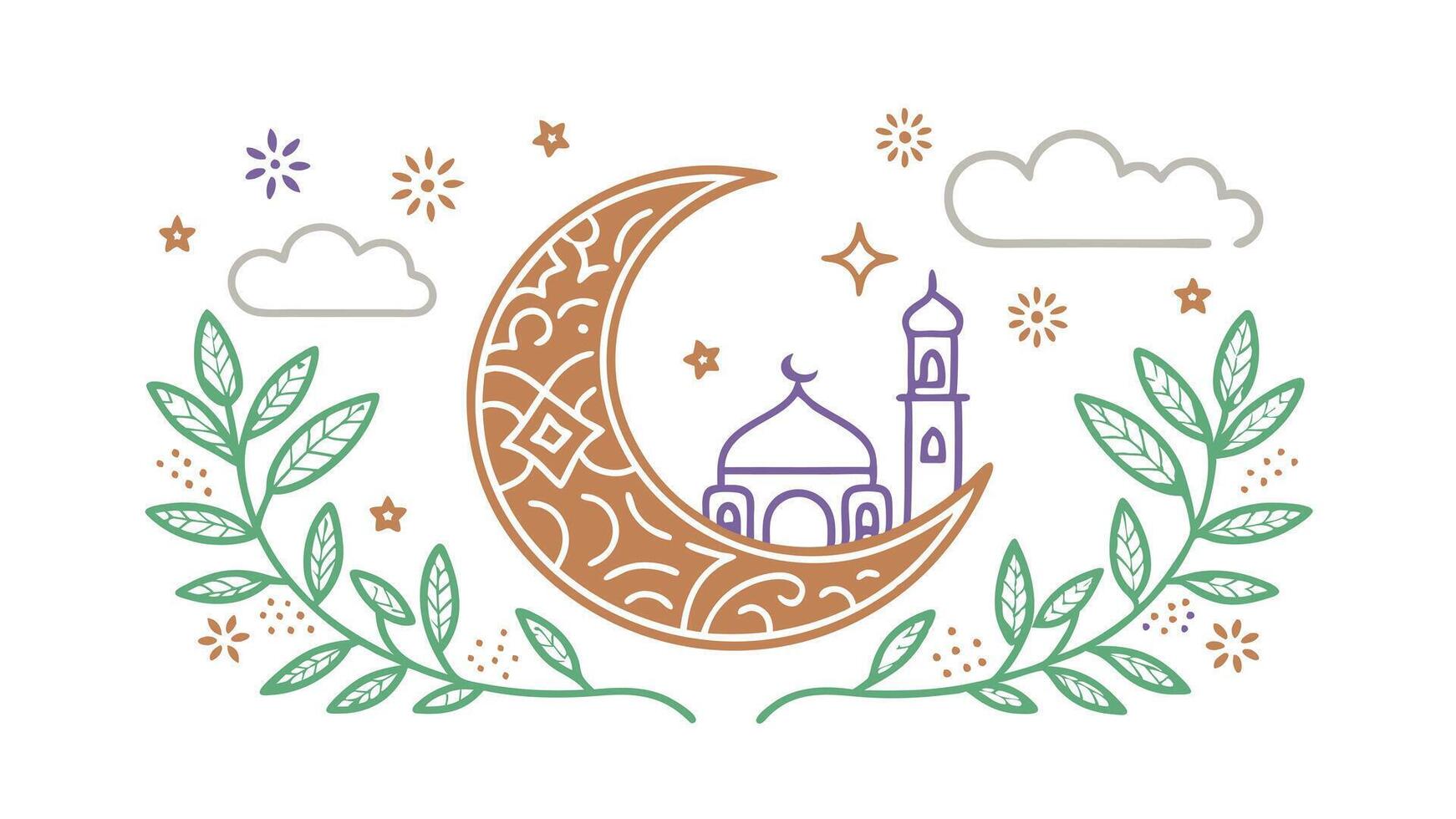 Crescent Moon Mosque Night Sky Stars Floral Islamic Design vector