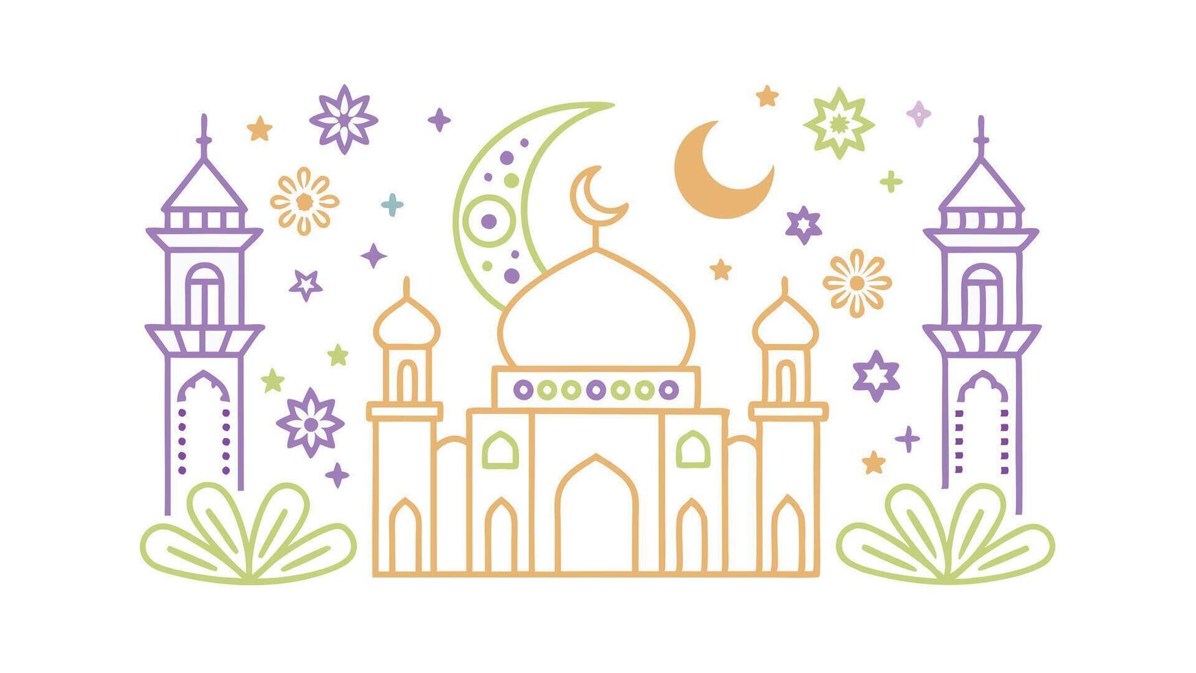 Islamic Mosque Line Art Crescent Moon, Stars, Minaret Towers vector