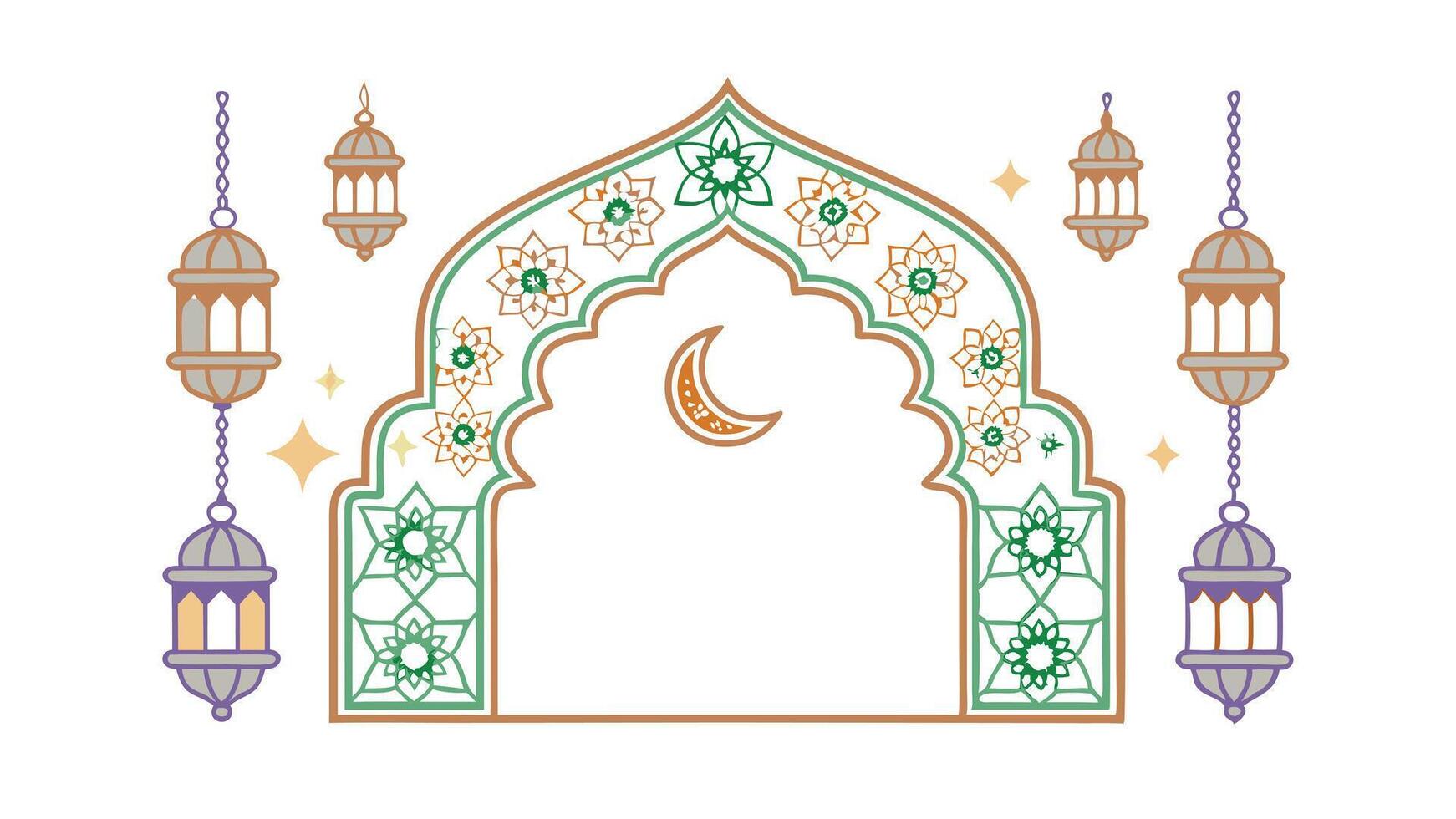 Islamic Ramadan Festive Archway, Lanterns, Crescent Moon Decorations vector