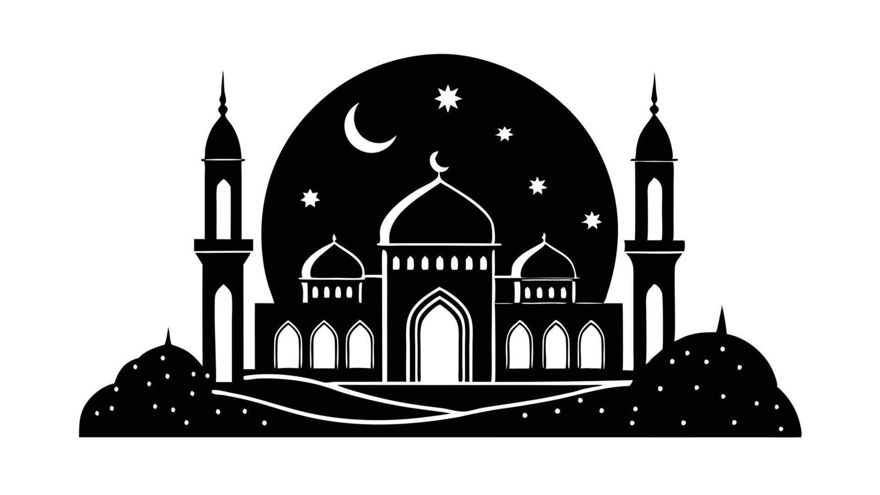 Night Scene Silhouette Mosque Islamic Stars Moon Architecture Design vector