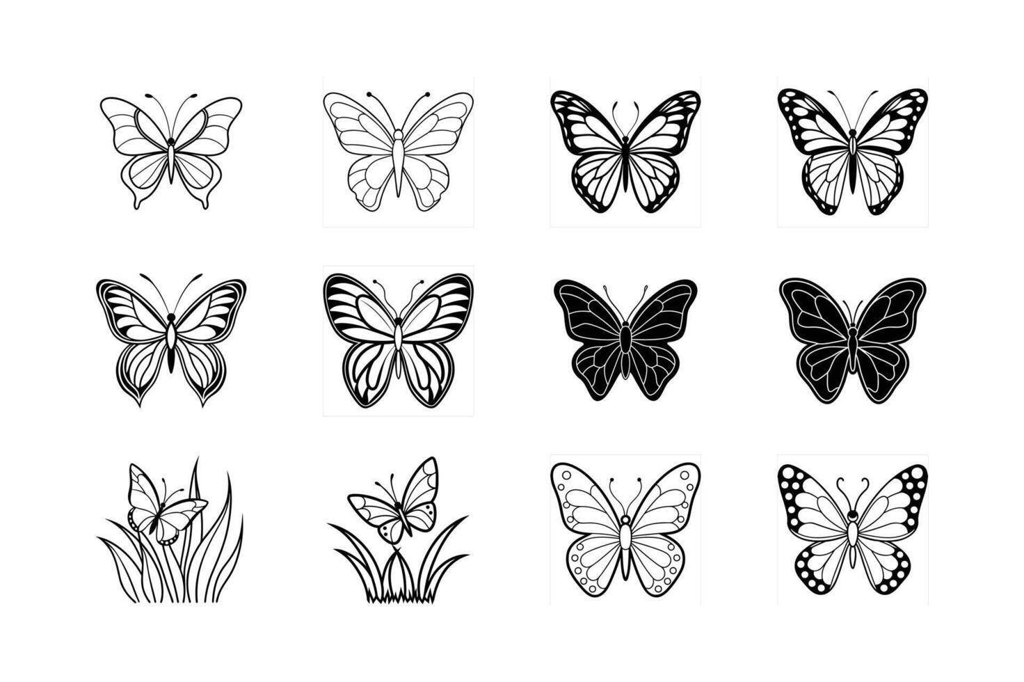 Twelve Butterfly Designs Line Art, Silhouettes, and Grass vector