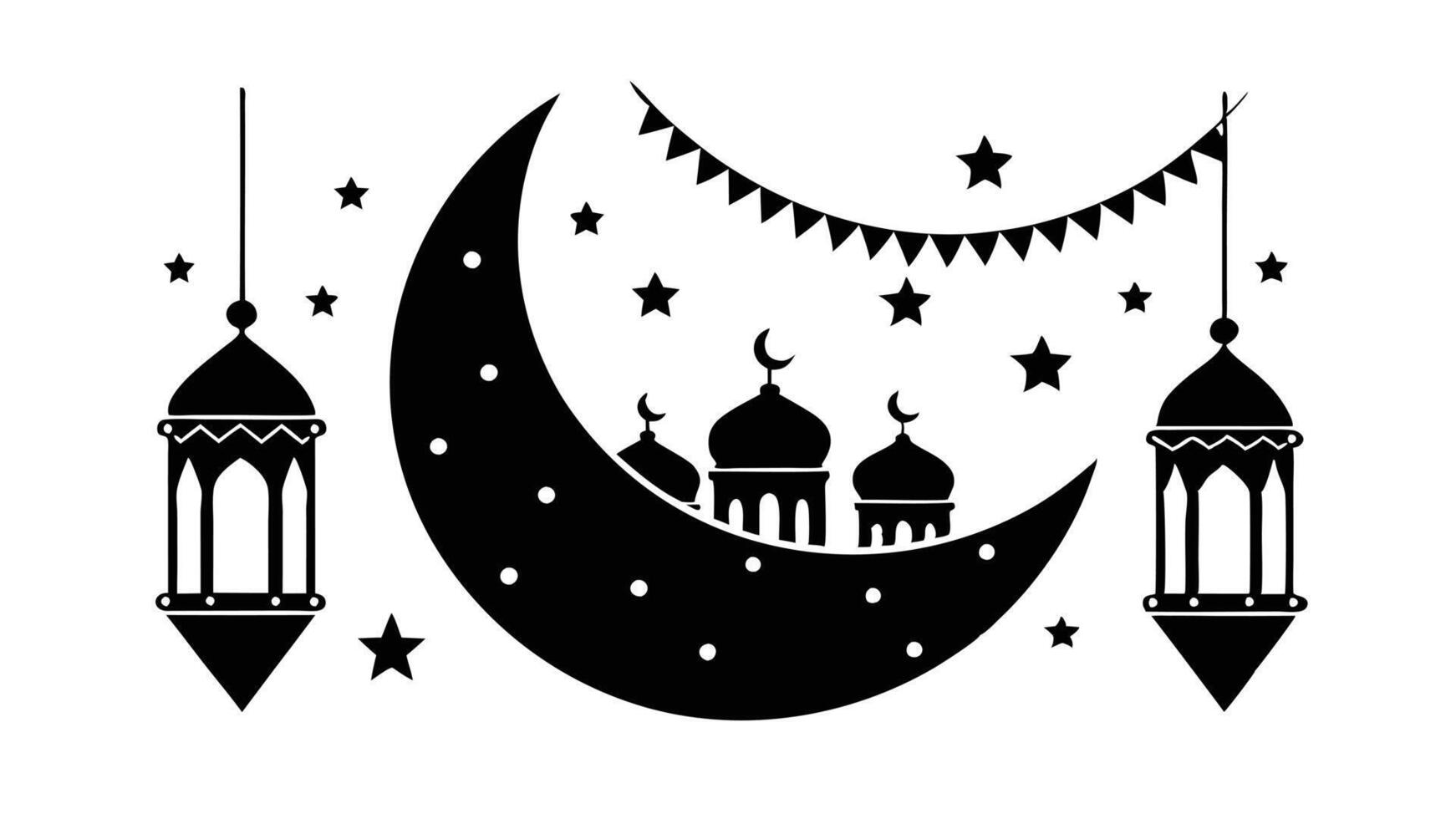 Crescent Moon, Mosque, Stars, Lanterns Ramadan Eid Mubarak Celebration vector