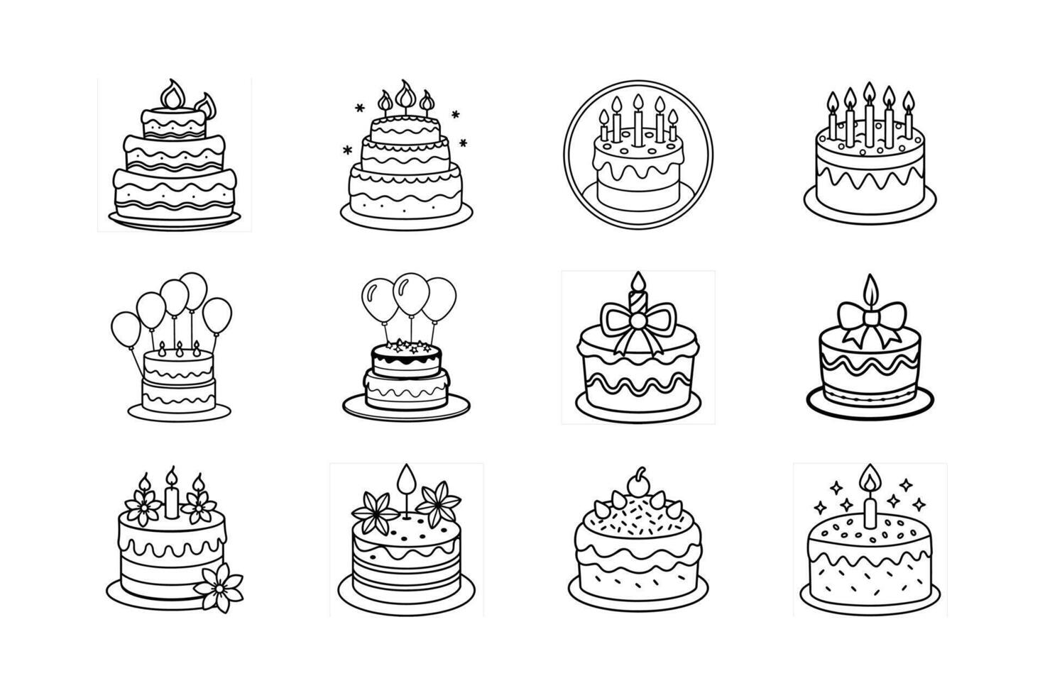 Twelve Delicious Birthday Cakes Festive Designs and Icons vector